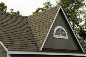 Close-up view of a brown shingled roof on a home